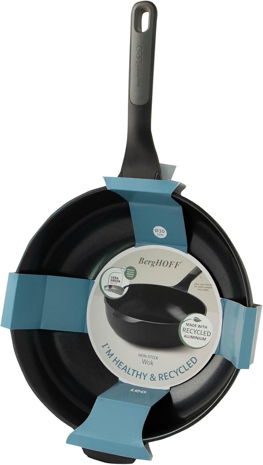 Berghoff Leo Stone+ Nonstick Ceramic 12in Wok Pan 5.3qt. Recycled Aluminum CeraGreen Non-toxic PFAS Free Cookware Stay-cool Handle Induction Cookware