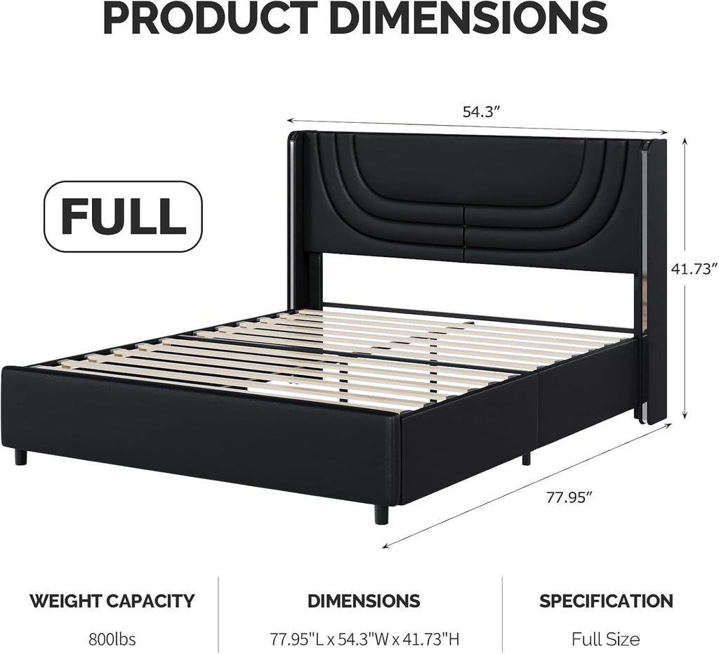 REVOMINCA Full Size Bed Frame with LED Lights, Faux Leather Upholstered Platform with Silver Wingback Headboard, Modern Style, No Box Spring Needed, Easy Assembly, Black