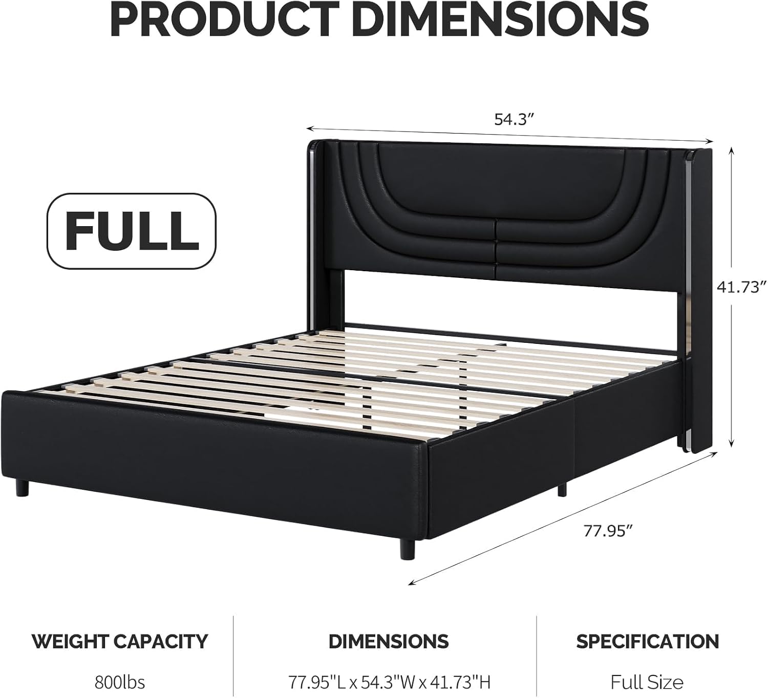 REVOMINCA Full Size Bed Frame with LED Lights, Faux Leather Upholstered Platform with Silver Wingback Headboard, Modern Style, No Box Spring Needed, Easy Assembly, Black