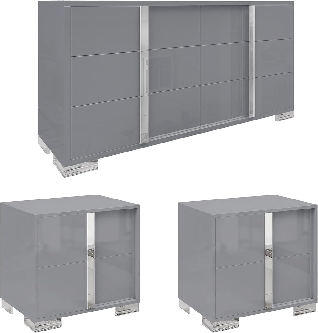 AMERLIFE 3 Piece Bedroom Set, Two 23.6' Nightstands & 6-Drawer Dresser, Silent Glide Drawers & Metal Handles, Modern High Gloss UV Finish, Dresser Set for Bedroom, Grey