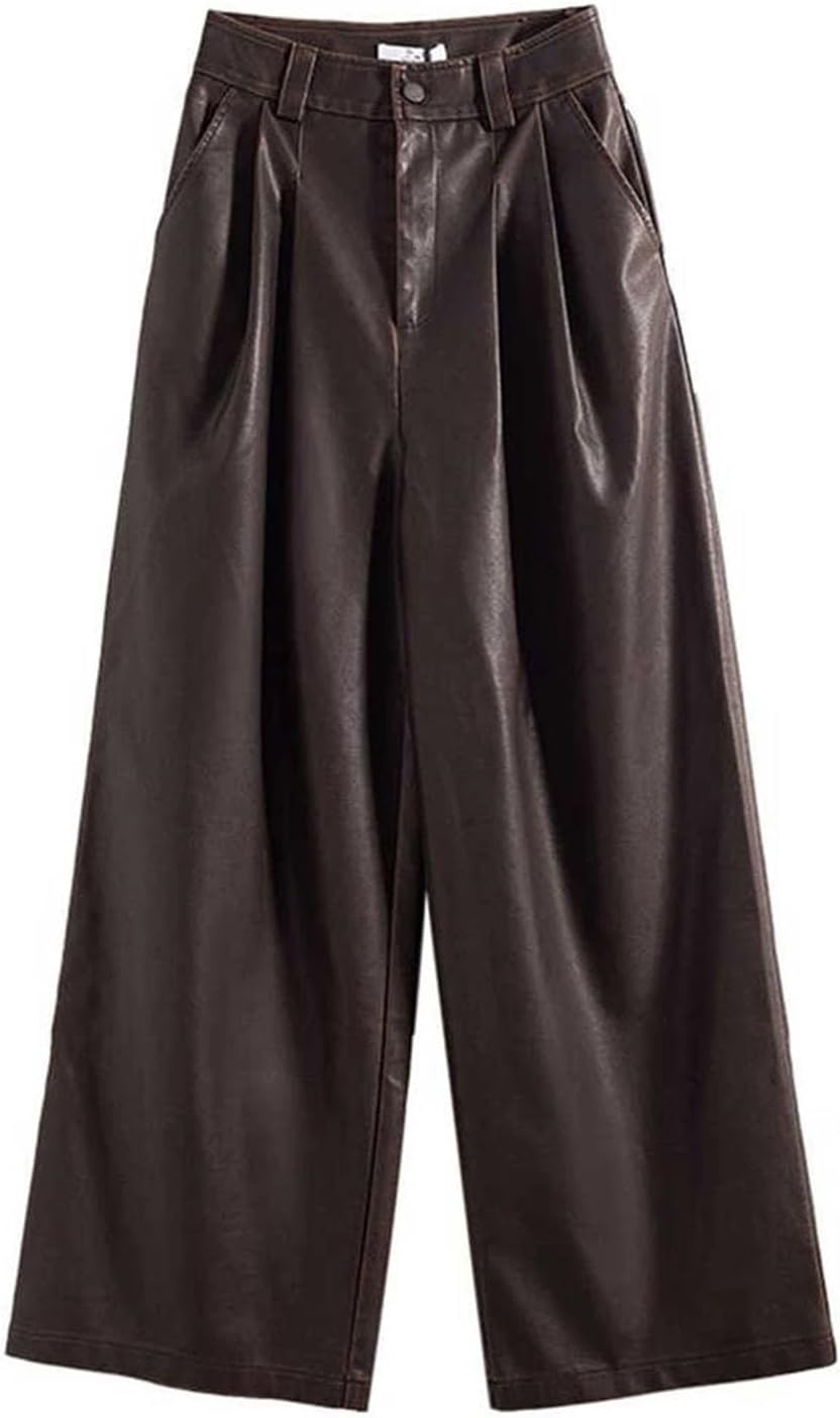Women's American Leather Pants Autumn and Winter Retro Design Pleated Wide Leg Pants