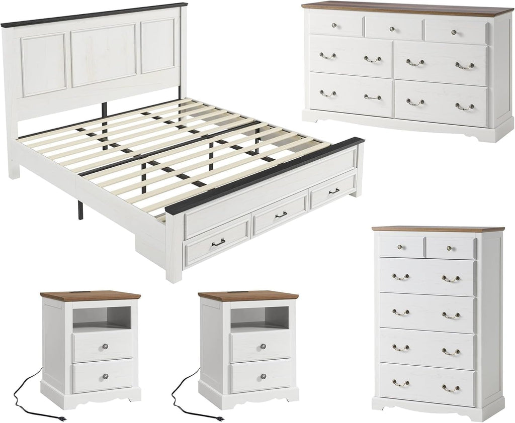 AMERLIFE 5 Pieces Farmhouse Bedroom Sets Includes King Size Farmhouse Bed Frame with 52.2' Headboard, 7 Drawers Dresser, 6 Drawer Tall Dresser, Two Nightstands with Charging Station, White