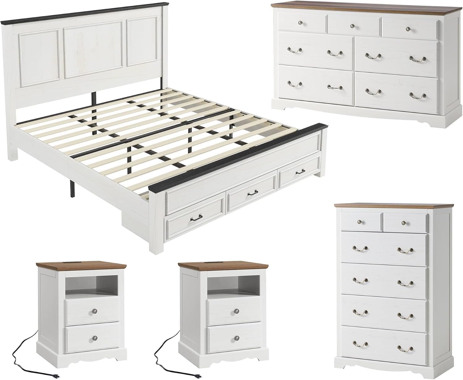 AMERLIFE 5 Pieces Farmhouse Bedroom Sets Includes King Size Farmhouse Bed Frame with 52.2' Headboard, 7 Drawers Dresser, 6 Drawer Tall Dresser, Two Nightstands with Charging Station, White