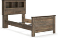 Signature Design by Ashley Trinell Casual Twin Bookcase Panel Bed with Metal Slats and Nailheads, Foundation or Box Spring Needed, Dark Brown