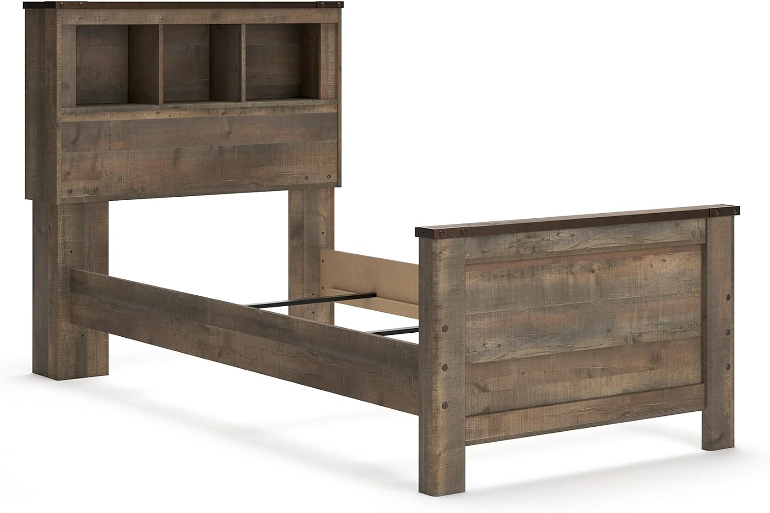 Signature Design by Ashley Trinell Casual Twin Bookcase Panel Bed with Metal Slats and Nailheads, Foundation or Box Spring Needed, Dark Brown