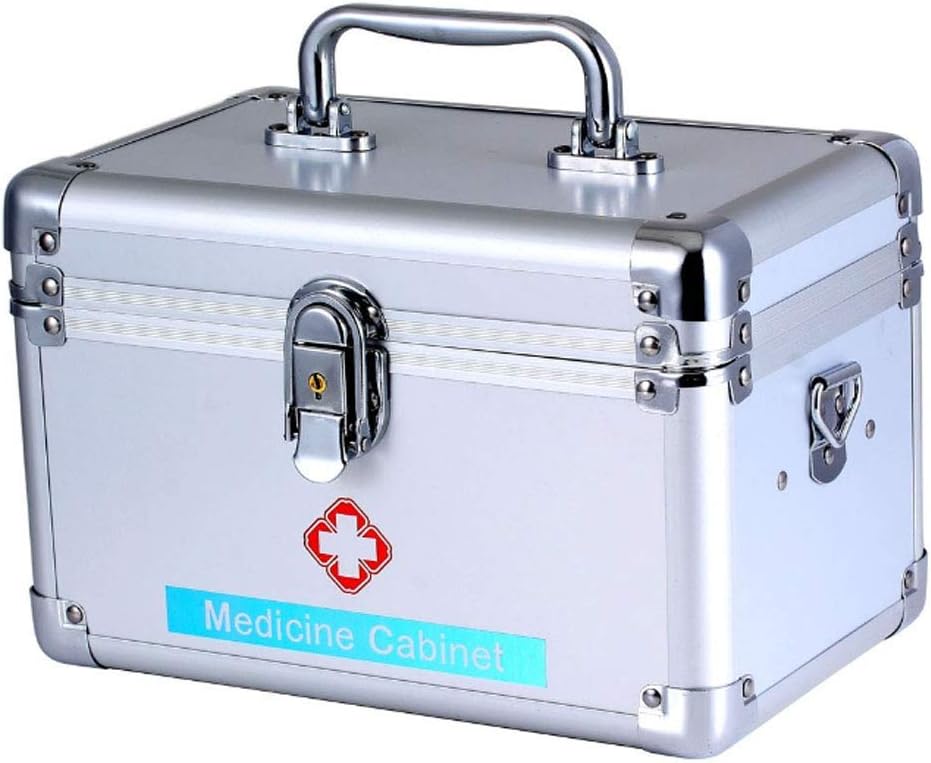 First Aid Kit Lockable Emergency Box Survival Kits Security Lock Medicine Storage Carrying Case with Portable Handle 24.5 × 16 15cm(Silver)