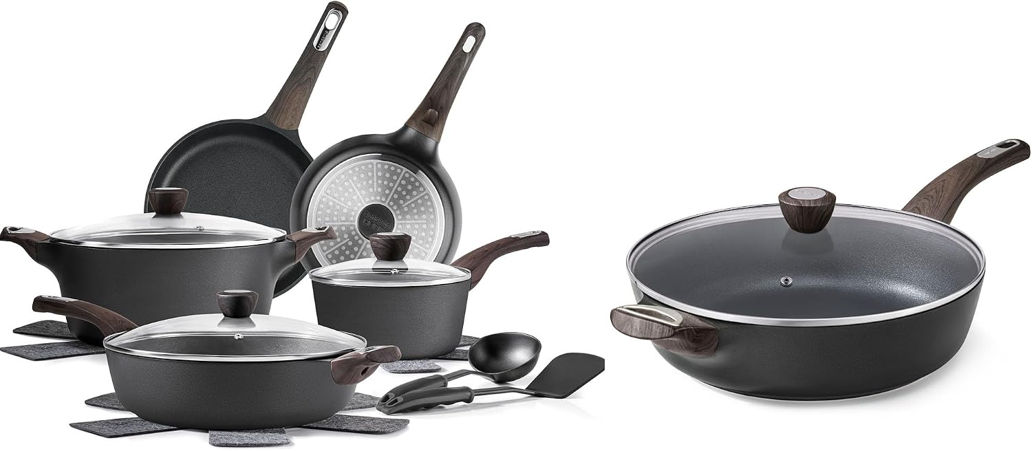 SENSARTE 14 Pcs Non Stick Kitchen Cooking Set, 12 Inch Large Deep Frying Pan, 5 Qt Non Stick Saute Pan with Cover, Healthy Non Toxic Cooking Pan with Helper Handle, PFOA PFOS Free