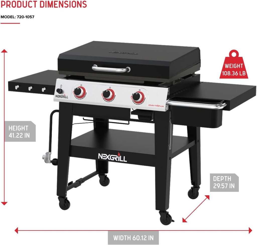 Nexgrill Daytona 3-Burner Propane Gas Griddle with Side Tables, 45000 BTUs Flat Top Grill, 630 SQ. in. Hot-Rolled Steel Cooking Space, Outdoor Cooking Barbeque - 720-1057