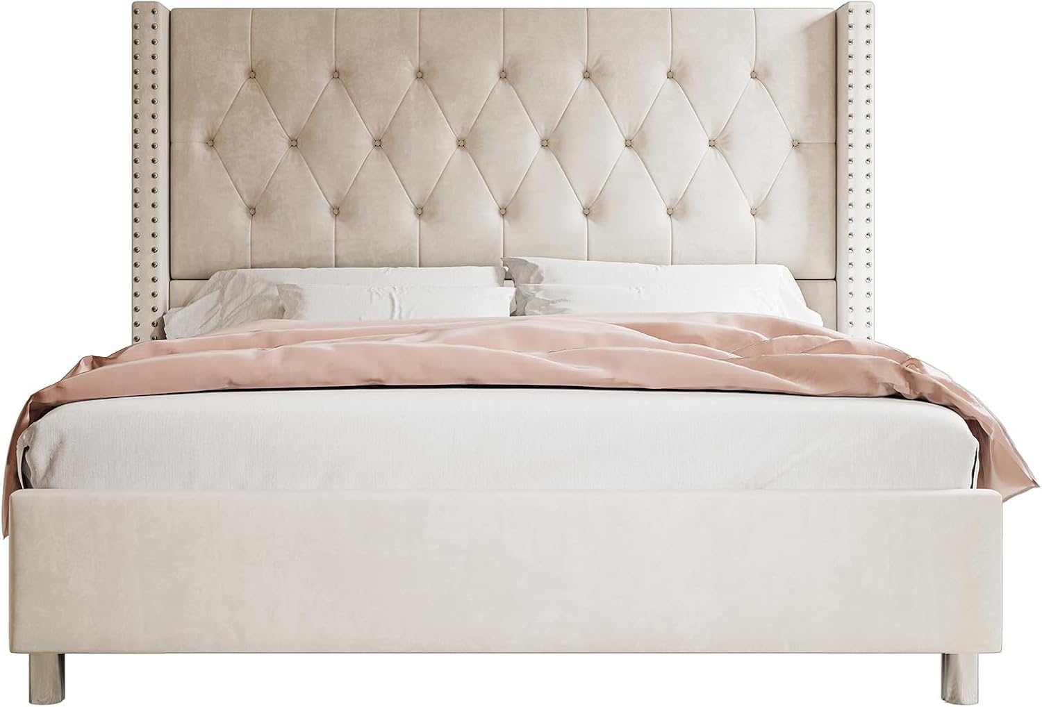 Jocisland Queen Bed Frame Upholstered Bed Wingback Headboard Velvet Tufted Diamond Button/No Box Spring Needed/Easy Assembly/Cream