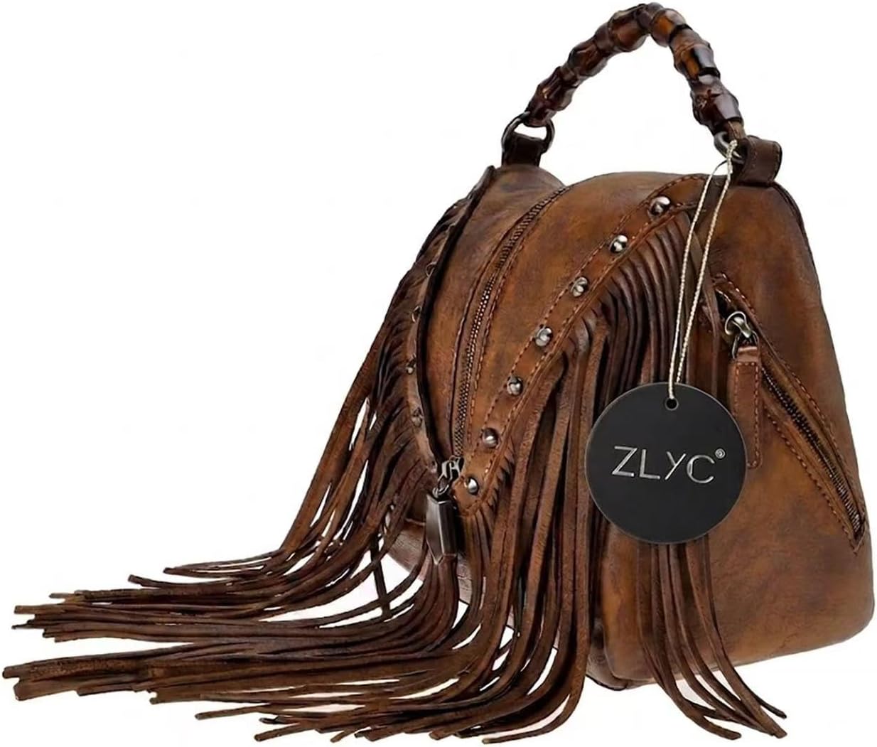 ZLYC Women's Leather Bamboo Hand Strap Featured Fringe Bohemian Tassel Studed Cross Body Bag