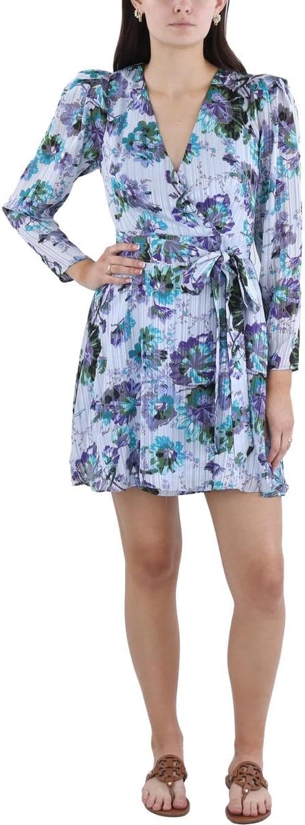 BCBGMAXAZRIA Women's Fit and Flare Mini Dress Long Puff Sleeve Surplice Neck Detachable Sash Belt