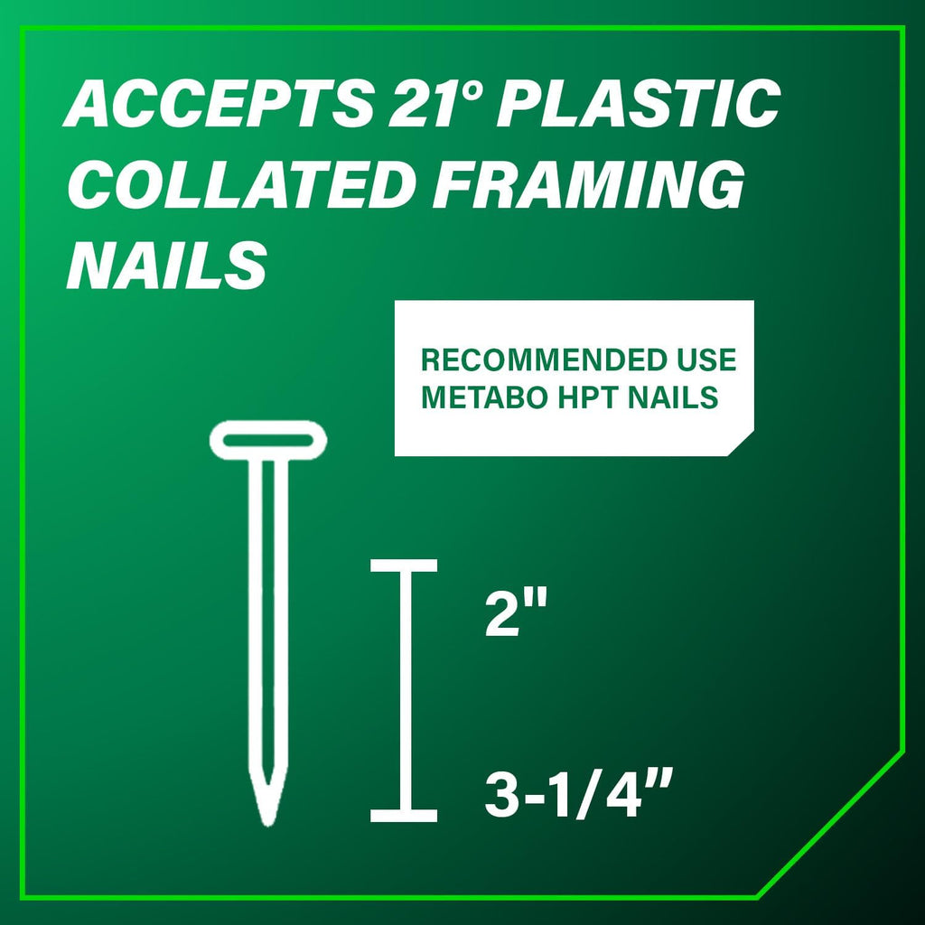 Metabo HPT Framing Nailer, Pro-Preferred Pneumatic Power Nailer & Framing Tool for Flooring, Roof Decking, Selectable Trigger & Rafter Hook, 21° 2' to 3-1/4' Plastic Collated Nails, NR83A5