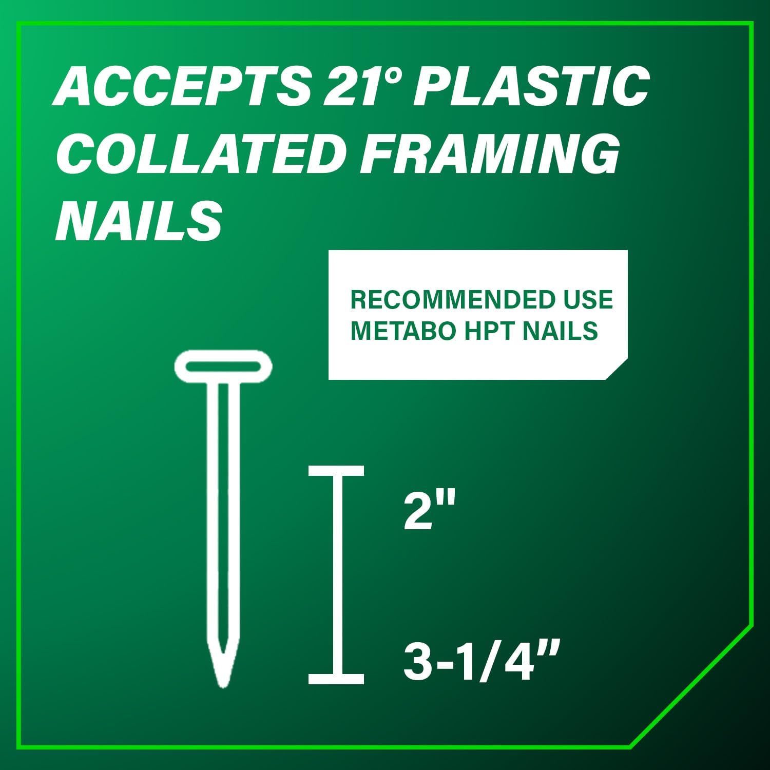 Metabo HPT Framing Nailer, Pro-Preferred Pneumatic Power Nailer & Framing Tool for Flooring, Roof Decking, Selectable Trigger & Rafter Hook, 21° 2' to 3-1/4' Plastic Collated Nails, NR83A5