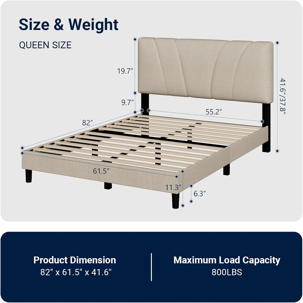 Avenco Queen Bed Frame, Upholstered Platform Queen Size Bed Frame with Adjustable Headboard, Easy Assembly, No Box Spring Needed, Beige