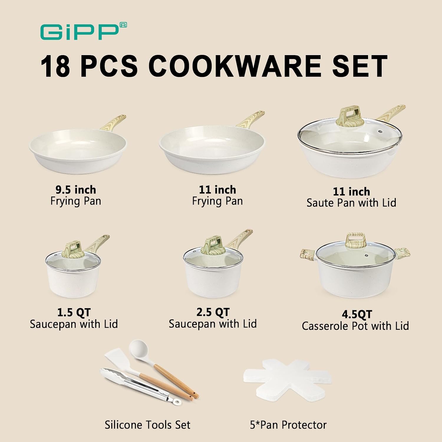 GiPP Ceramic Pots and Pans Set Non Stick - 18 Pcs Nonstick Cookware Set, Non-toxic Healthy Kitchen Cooking Set w/Frying Pans Set, Dishwasher Safe, PFAS PTFE PFOA PFOS Free, Cream White