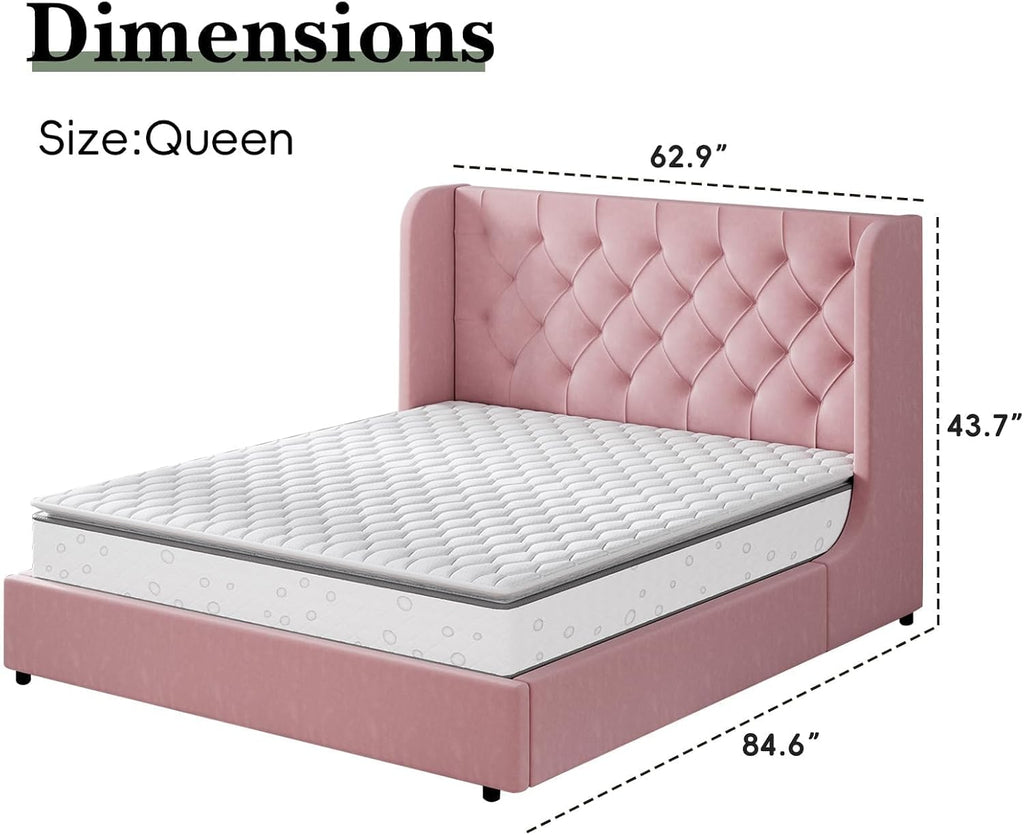 HOMBCK Pink Queen Bed Frame, Upholstered Platform Bed Frame with Velvet Tufted Headboard, Curved Wingback Design, Wooden Slats, No Box Spring, Noise Free, Easy Assembly
