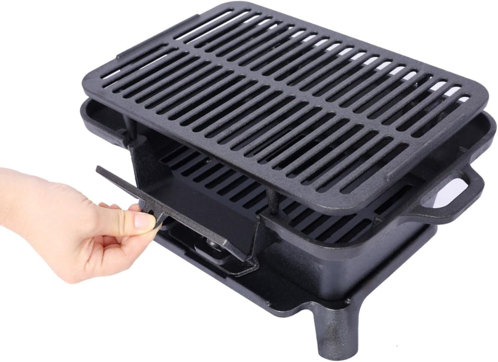 Oval Cast Iron Grill Outdoor - Portable Charcoal Grill & Tabletop Griddle, 19.6' Enameled Camping Stove with Carrying Handles,for BBQ, Tailgating & Hunting (Black,No Carrying Handle)