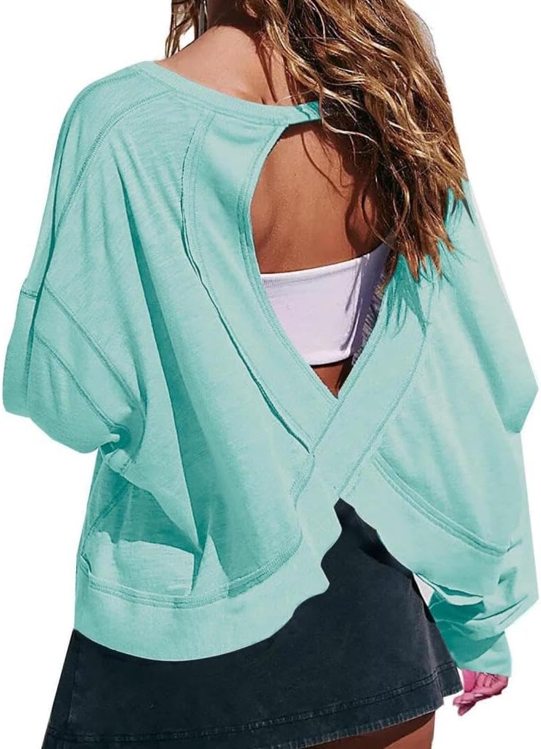 FMCHICO Backless Top for Women Crop Oversized Crewneck Pullovers Casual Loose Long Sleeve Shirts Running Y2k Yoga Outfits
