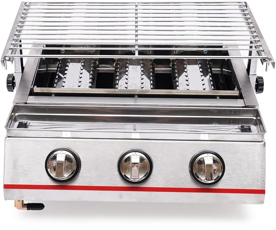 Commercial Countertop Gas Grill, 3 Burner LPG Indoor Smokeless Gas Grill Barbecue Griddle, Adjustable Height Non-stick Stainless Steel Gas Yakitori Grill for Restaurant, Camping, Picnic