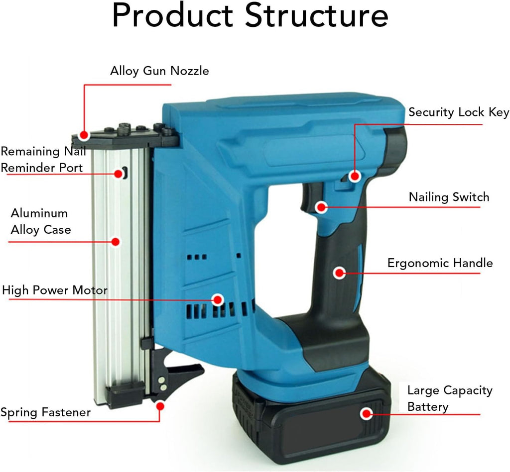 Nail Gun Battery Powered, 100 Nail Capacity Electric Cordless Brad Nailer for 10-30MM Straight Nail, Multi Usage Brad Nailer for Trim, Woodwork, DIY Upholstery