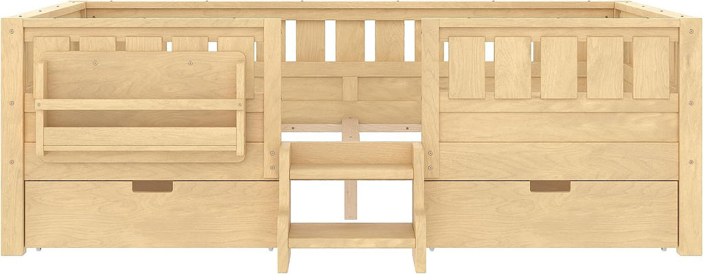Bellemave Full Floor Bed with Stairs, Rails and Slats, Full Size Montessori Floor Bed with Bookshelf and 2 Storage Drawers, Easy Assemble Montessori Beds Frame for Girls, Boys, Light Natural