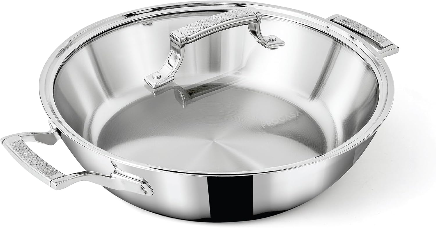 4 Quart Stainless Steel Pan with Lid - Tri Ply Braiser Pan/Frying Pan/Dutch Oven with Heat Resistant Handles - Coating-Free, Non Toxic Cookware - Induction Compatible, Oven & Dishwasher Safe