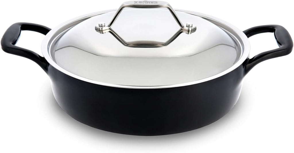 All-Clad Cast Iron Braiser Pan, 4 Qt Enameled Cast Iron Casserole Pan with Lid, Grill, Oven Safe up to 650F, Compatible with All Stovetops (Gas, Electric & Induction), Easy-Clean, Cookware, Black