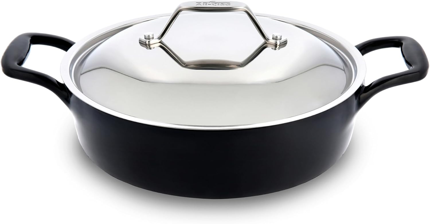 All-Clad Cast Iron Braiser Pan, 4 Qt Enameled Cast Iron Casserole Pan with Lid, Grill, Oven Safe up to 650F, Compatible with All Stovetops (Gas, Electric & Induction), Easy-Clean, Cookware, Black