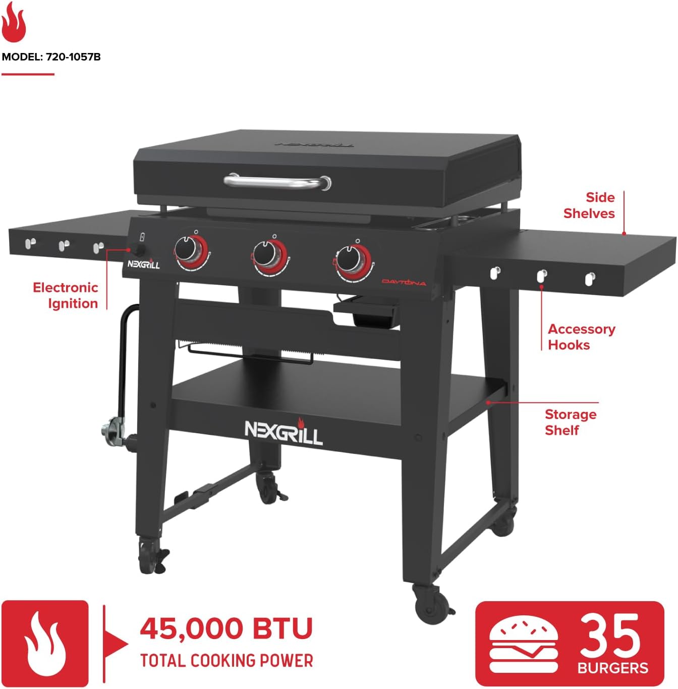 Nexgrill Daytona 3-Burner Propane Gas Griddle with Side Tables, 45000 BTUs Flat Top Grill, 630 SQ. in. Hot Rolled Steel Cooking Space, Outdoor Cooking Barbeque, Black - 720-1057B