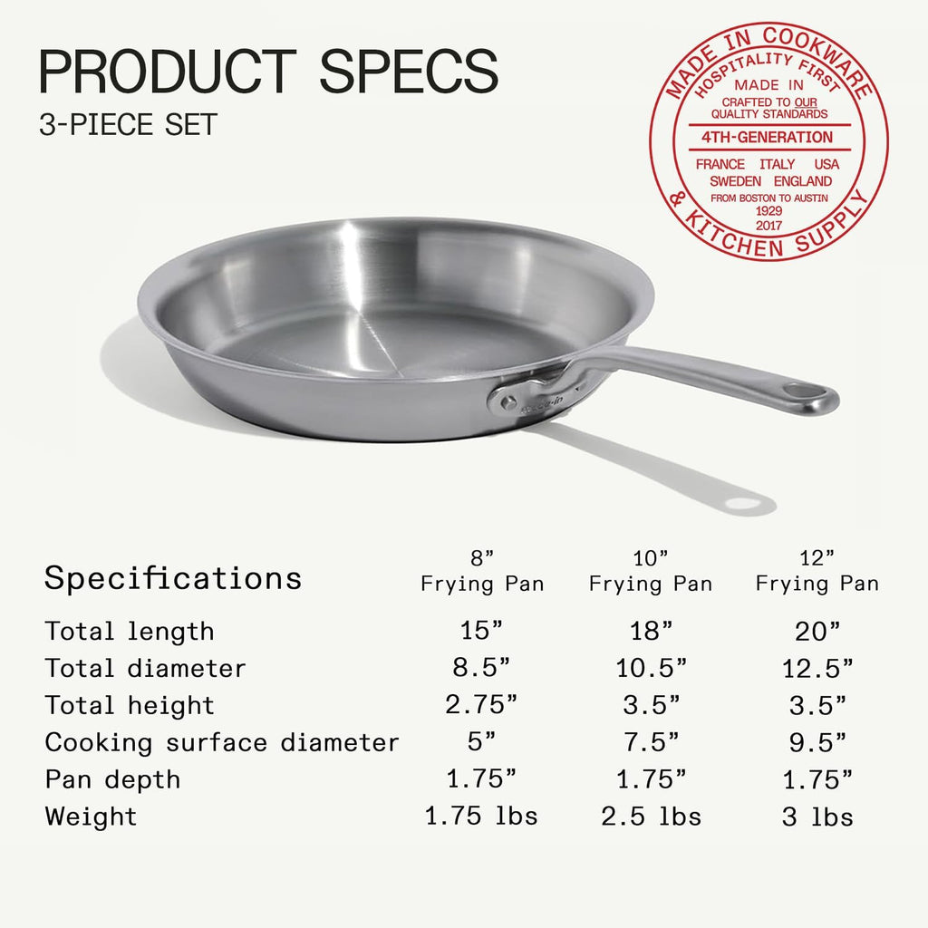 Made In Cookware | 3-Piece (Includes 8',10',12') Stainless Frying Pan Set | 5 Ply Stainless Clad | Professional Cookware | Crafted in Italy | Induction Compatible