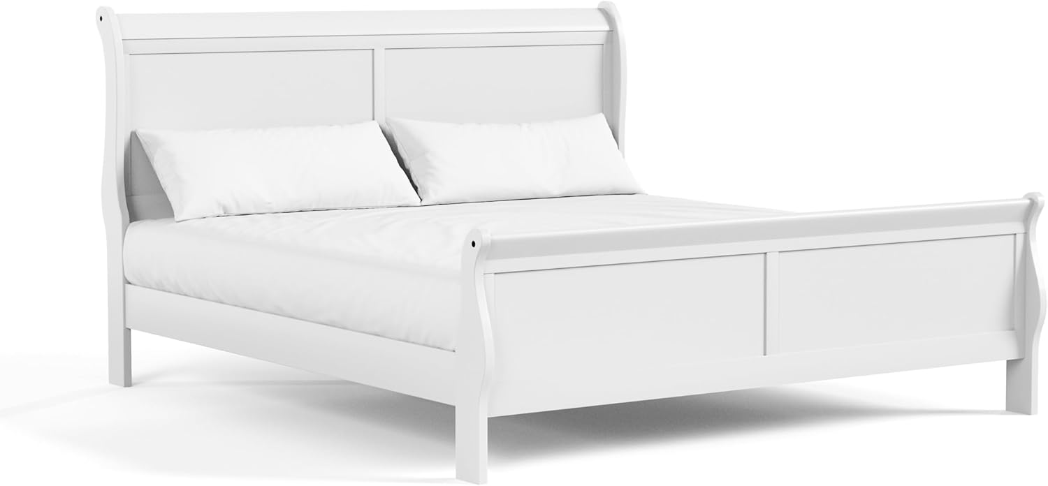 Furniture of America Arabella Traditional Solid Wood 3 Piece Bedroom Set, King Bed Frame, Nightstand, and Chest, Chic Sleigh Design Bedframe with Headboard and Footboard, Box Spring Needed, White