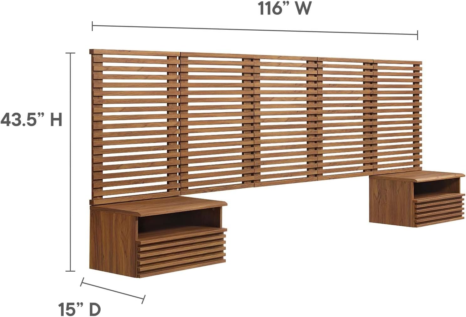Modway Render Wall-Mount Headboard and Modern Nightstands Bedroom Set, Queen, Walnut