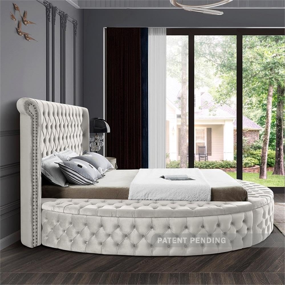 Meridian Furniture Luxus Collection Modern | Contemporary Round Shaped Velvet Upholstered Bed with Deep Button Tufting and Footboard Storage, King, Cream