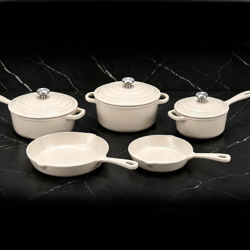 QuliMetal Nonstick Enameled Cast Iron Cookware Set, 5-Piece Pots and Pans Set with Lids, Skillet, Frying Pan, Saucepan & Dutch Oven for All Stovetops, PFOA Free, Ideal for Sourdough Bread Baking