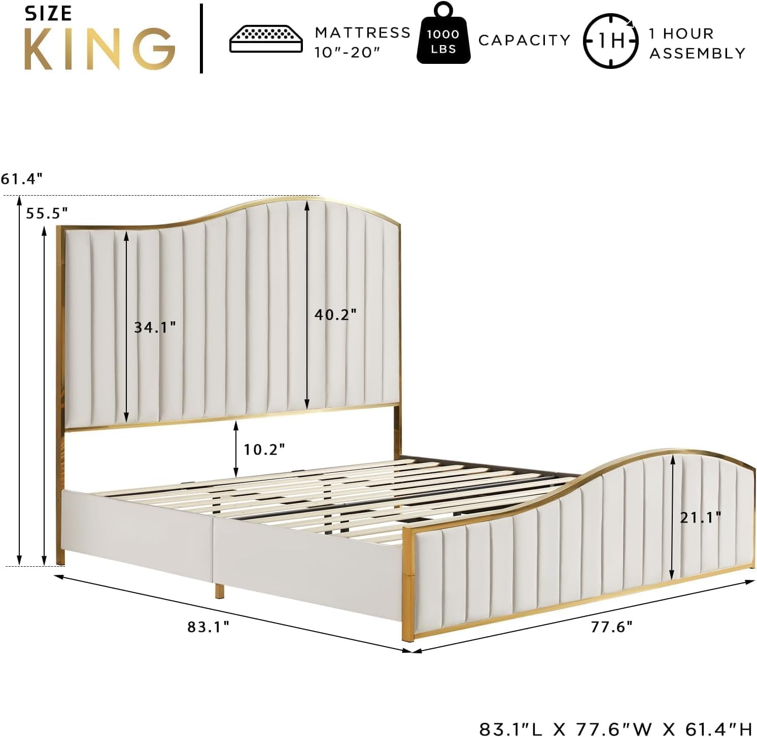 AMERLIFE King Size Bed Frame with 61.4' Tall Headboard, Velvet Upholstered Platform Bed with Gold Trim & Footboard, Wooden Slat Support, No Box Spring Needed, Cream