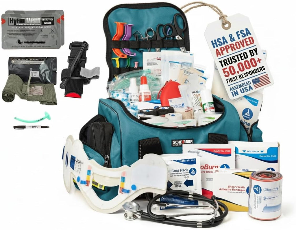 Scherber Fully-Stocked First Responder Bag | Professional EMT/EMS Trauma & Bleeding Medical Kit | HSA/FSA Approved | CAT Tourniquet, HyFin Chest Seal, Israeli Bandage & 250+ First Aid Supplies (Blue)