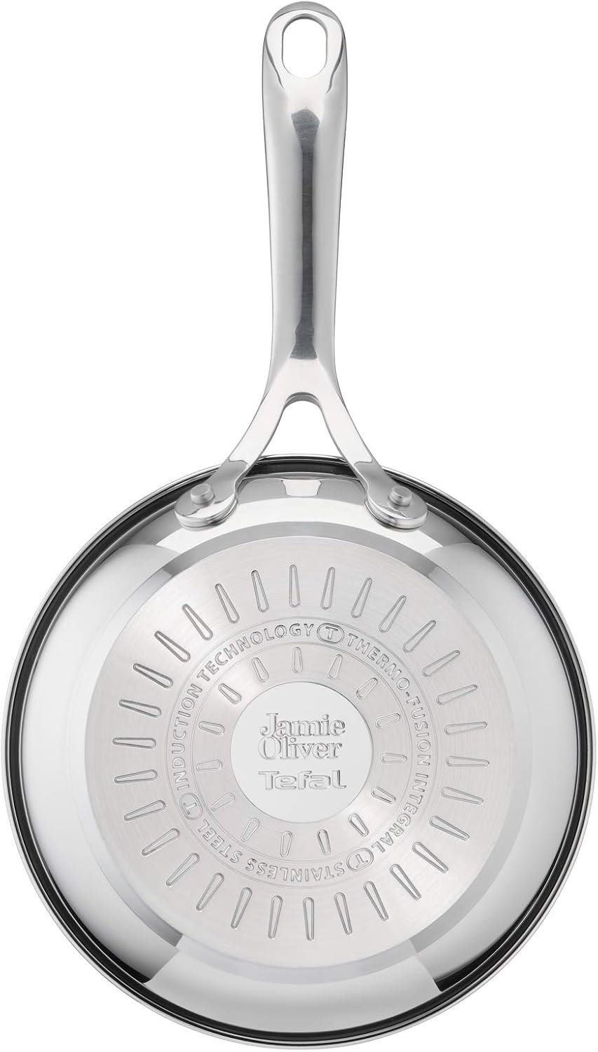 T-Fal x Jamie Oliver Nonstick Coated Stainless Steel Pans 8', 9.5' & 11', Frypan Set Induction Compatible, Oven Safe up to 500°F, Chef's Stainless Steel Skillet, Frying Pan, Silver