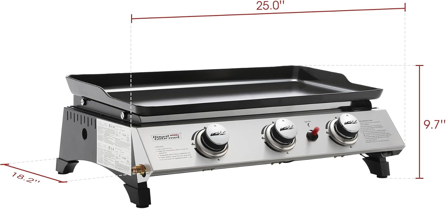 Royal Gourmet PD1300 3-Burner Portable Propane Gas Grill Griddle, 26,400 BTU Table Top Griddle for Outdoor Cooking, Camping, Tailgating, or Picnics, Silver