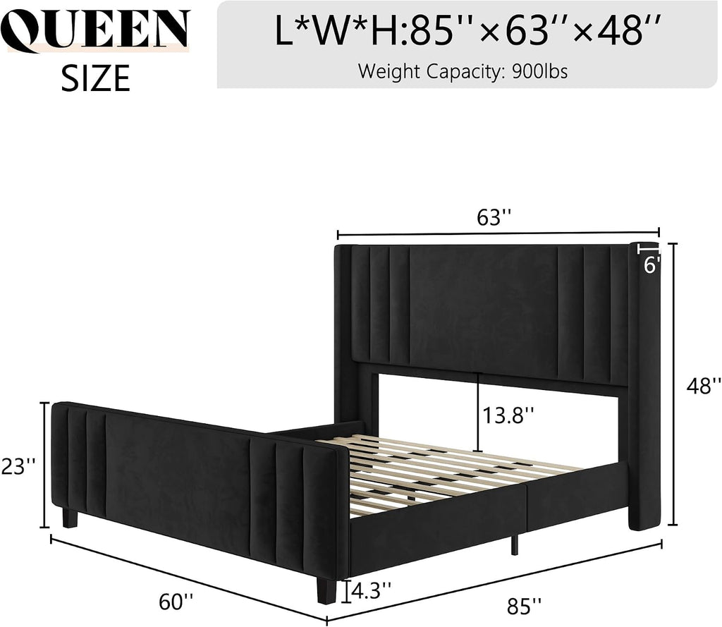 AMERLIFE Queen Size Bed Frame, Velvet Upholstered Platform Bed with Vertical Channel Tufted Headboard & Footboard/Wingback, Mattress Foundation with Wood Slats, No Box Spring Needed, Black