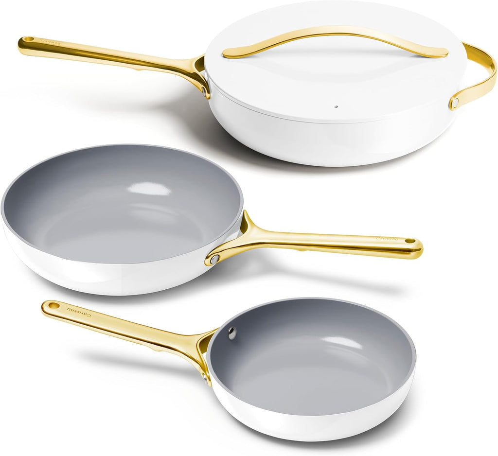 Caraway 4-Piece Fry Pan Set - Non-Stick Frying Pans (10.5' & 8') & Non-Stick Sauté Pan - Non Toxic, PTFE & PFOA Free - Oven Safe & Compatible with All Stovetops (Gas, Electric & Induction) - White