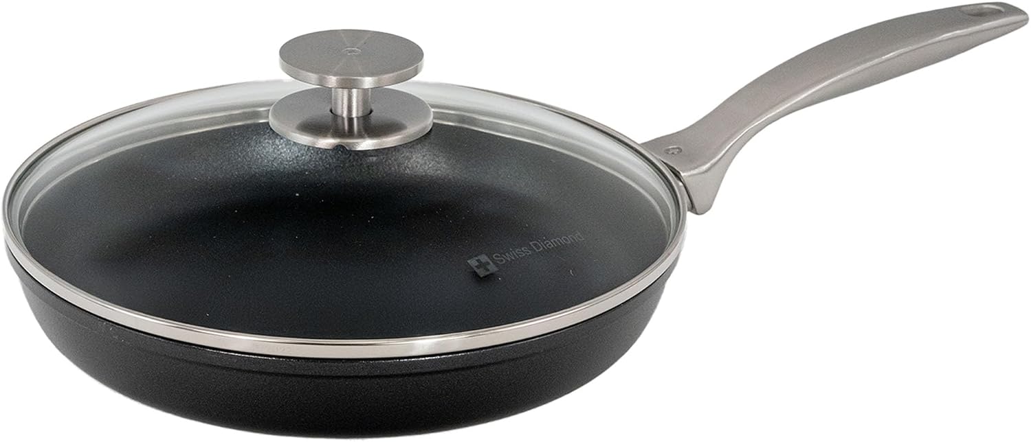 Swiss Diamond Nonstick Frying Pan Hybrid Ceramic and Diamond-Infused Fry Pan With Glass Lid, Dou Ceramic, Dishwasher and Oven Safe Fry Pans (9.5 IN)