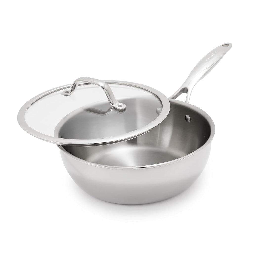 GreenPan Valencia Pro Tri-Ply Stainless Steel 3.6QT Chef's Pan with Lid, Induction Ready Cookware, All Cooktops, Sauce Pot, Mirror Finish, Dishwasher & Oven/Broiler Safe to 600F