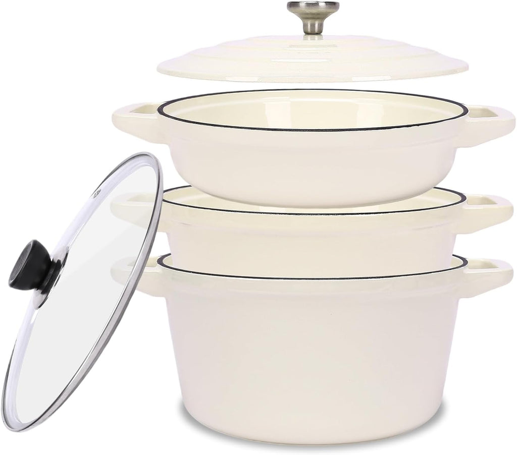 QuliMetal Enameled Cast Iron Set 5-Pc, 10' Stackable Space-Saving Cookware Set, Dutch Oven, Skillet, Grill Pan, with 2 Universal Lid, Versatile Enamel Dutch Oven, Included Spacers, White
