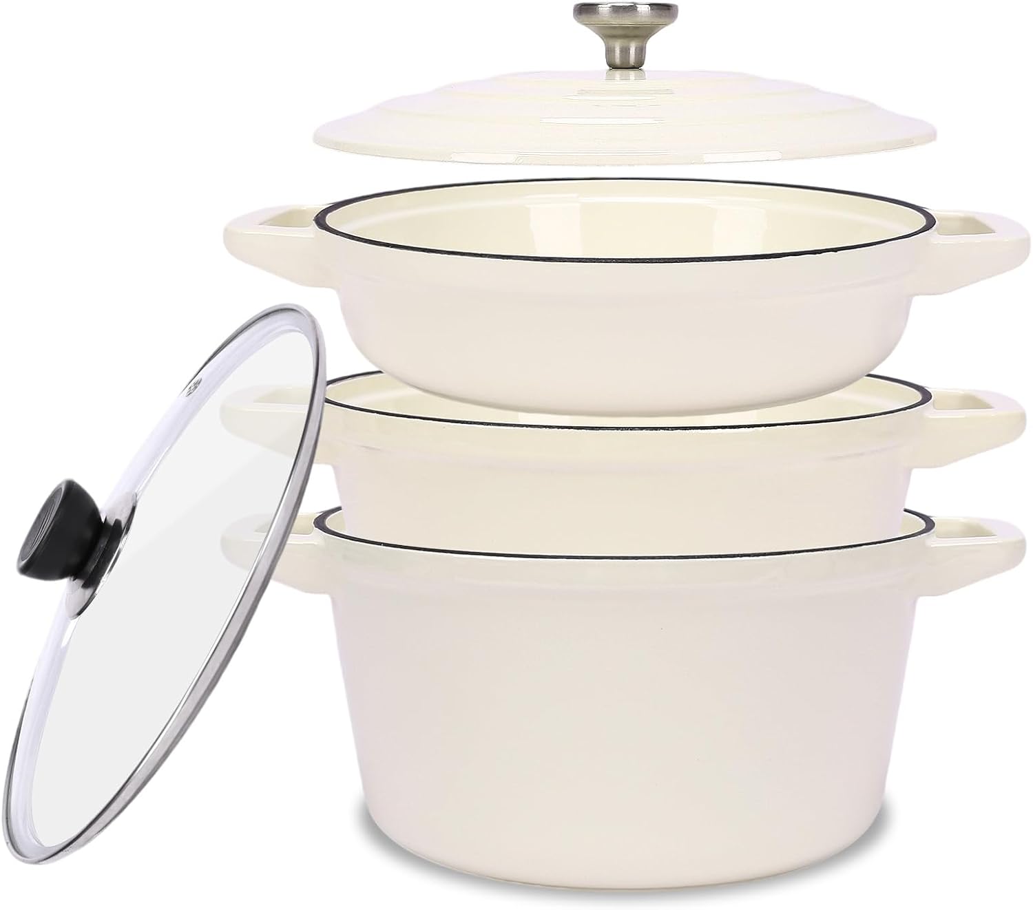 QuliMetal Enameled Cast Iron Set 5-Pc, 10' Stackable Space-Saving Cookware Set, Dutch Oven, Skillet, Grill Pan, with 2 Universal Lid, Versatile Enamel Dutch Oven, Included Spacers, White