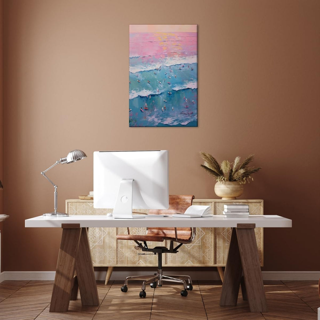 Vintage Surf Painting Tiny People Surfing Poster Abstract Ocean Wave Wall Art Pink and Blue Coastal Canvas Print Trendy Preppy Aesthetic Room Cubicle Beach House Home Decor 24x36inch frame
