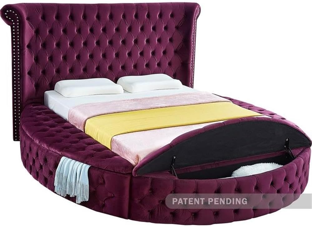 Meridian Furniture LuxusPurple-F Luxus Collection Modern | Contemporary Round Shaped Velvet Upholstered Bed with Deep Button Tufting and Footboard Storage, 87' W x 93.5' D x 56' H, Purple, Full