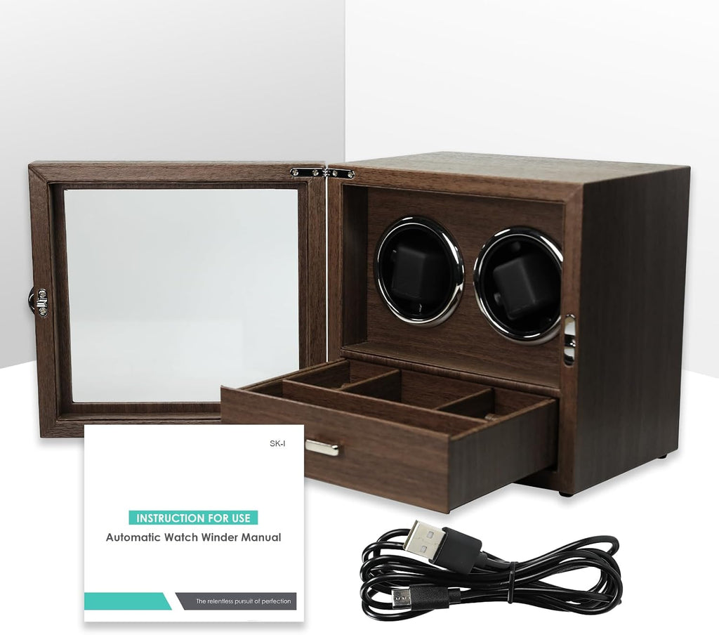 Double Watch Winder for 2 Automatic Watches, Luxury Wood Grain Case with Jewelry Storage Drawer, Ultra-Quiet Motor, 4 Modes & Blue LED - Professional Watch Box for Collectors