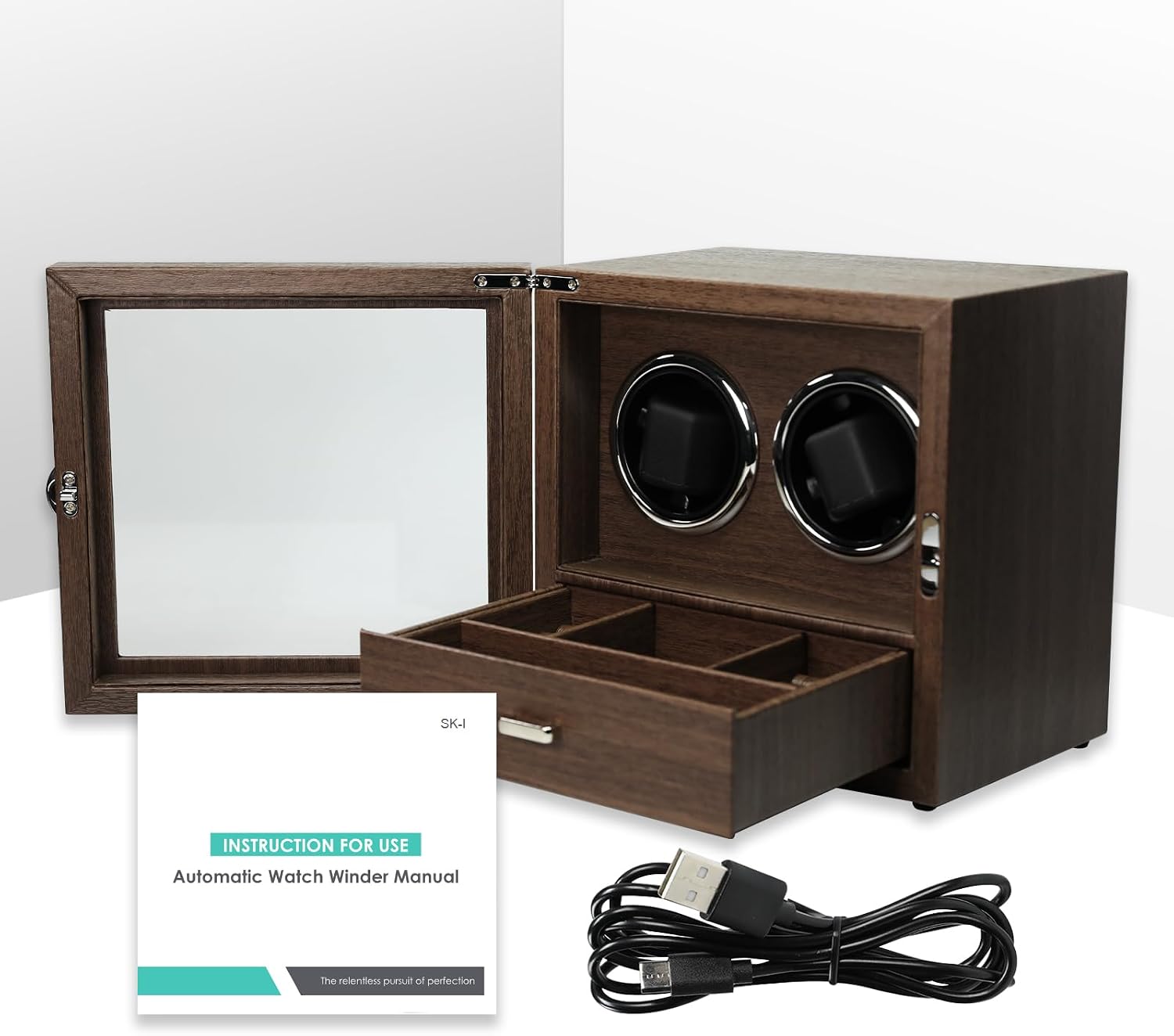 Double Watch Winder for 2 Automatic Watches, Luxury Wood Grain Case with Jewelry Storage Drawer, Ultra-Quiet Motor, 4 Modes & Blue LED - Professional Watch Box for Collectors