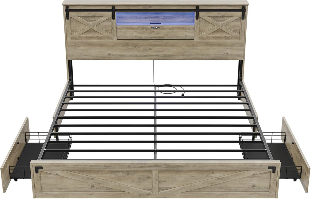 Hasuit Farmhouse Bed Frame King Size with Storage Bookcase Headboard, Wooden King Bed with LED Lights, Charging Station, 2 Drawers, Country Rustic Bed Frame with Sliding Barn Door