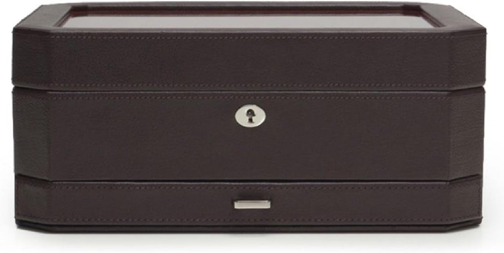 WOLF Windsor 10-Piece Watch Box with Drawer, Brown/Orange - Features 10 Watch Compartments, Eight Ring Rolls & 17 Jewelry Compartments - Vegan Leather Exterior
